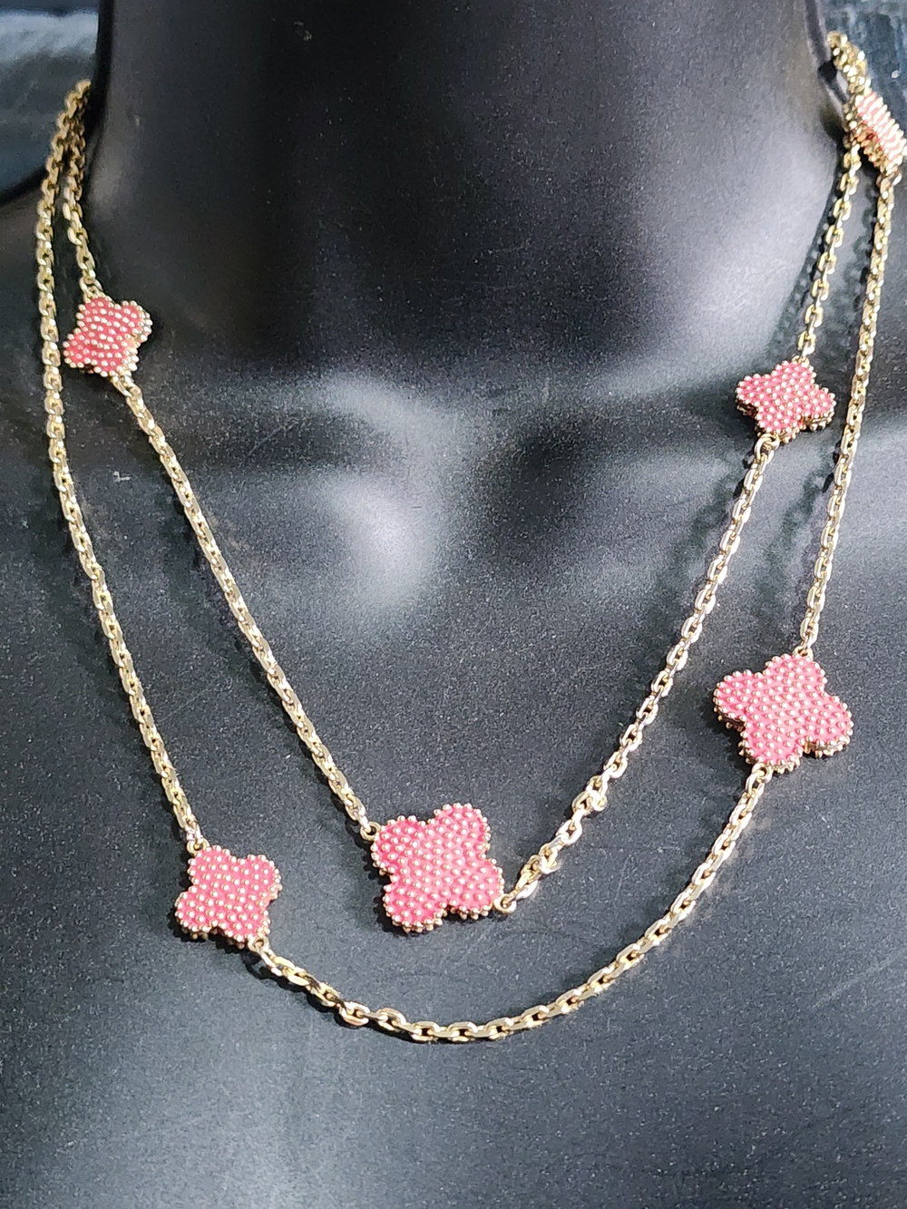 Gold Tone Chain Necklace with Pink 4 Leaf Beaded Clover Accents Long Layer